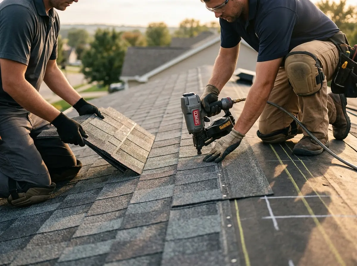 Professional roofer working on a residential roof in Frankford
